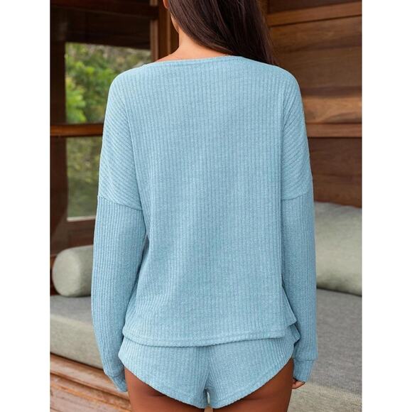 CUPSHE Women’s Ribbed Knit Button Down 2-Piece Pajama Set Long Sleeve Shorts L - Picture 2 of 6